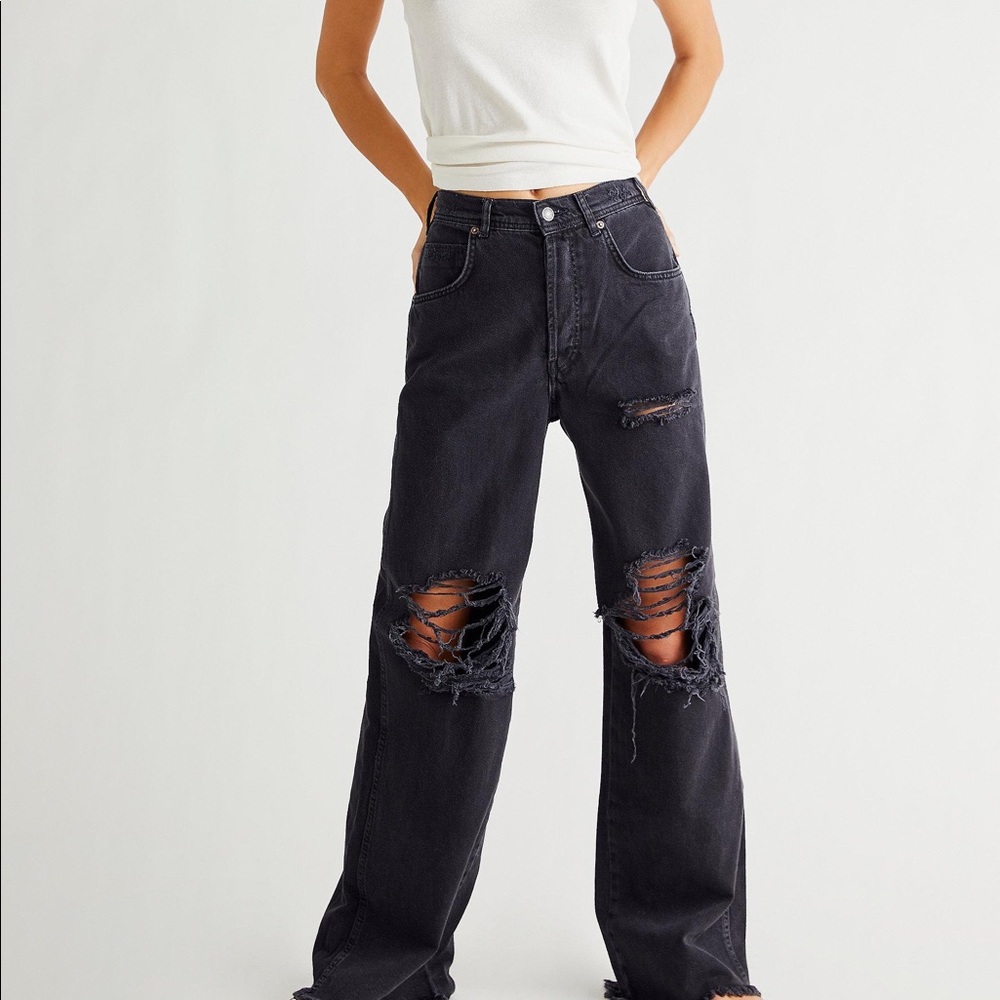 Free People Washed Black Distressed Wide-Leg Jeans